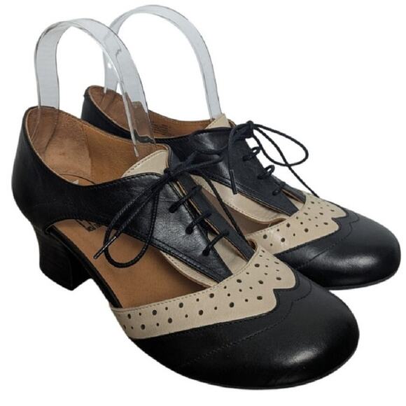 Miz Mooz Fleur Oxford Heel Shoes Size 8 Black Beige - Picture 12 of 12